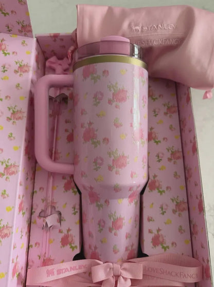 LoveShackFancy 40oz Quencher H2.0 Tumbler 40oz Ibiza Sunset Pink Floral Aesthetic Travel Cup