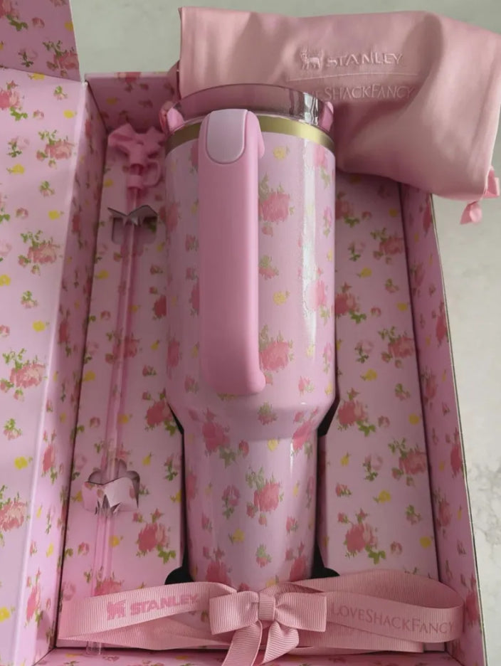 LoveShackFancy 40oz Quencher H2.0 Tumbler 40oz Ibiza Sunset Pink Floral Aesthetic Travel Cup
