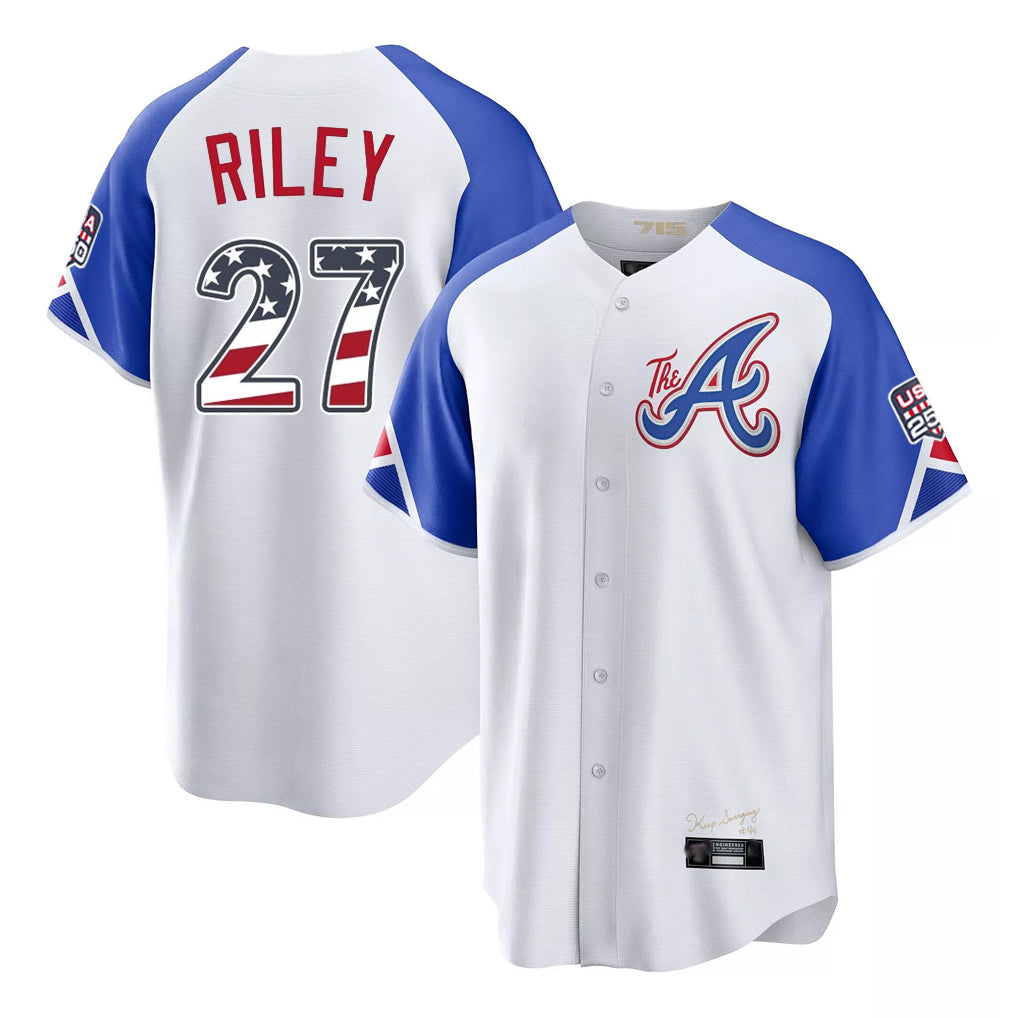 Atlanta Braves #27 Austin Riley Player White USA 250 Fourth Of July City Connect Home Game Stitched Baseball Jersey