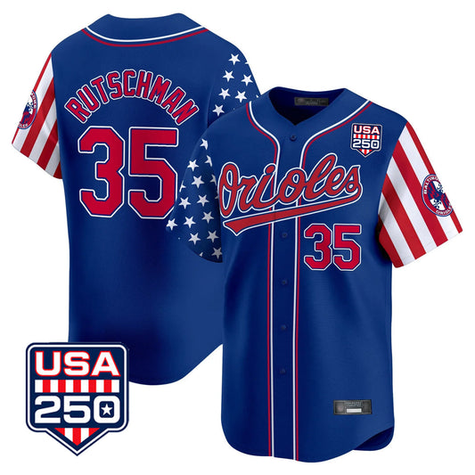 Baltimore Orioles #35 Adley Rutschman Player Royal USA 250 Independence Day Vapor Premier Limited Home Game Stitched Baseball Jersey